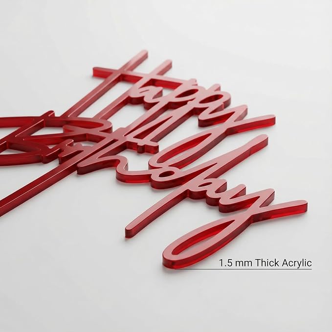 Acrylic Birthday Cake Topper - 5.3'' x 7.2'' Red Happy Birthday Sign for Party Supplies, Cake Decorations and Anniversary