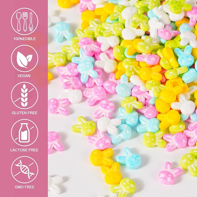 Easter Bunny Sprinkles, Pastel Rabbit Sprinkles in Pink Blue Yellow White Green, Edible Bunny Candy for Baking, Cake Decorating, Easter Egg Cookies & Spring Celebration Carrot Patch Cupcakes Topper Chocolate