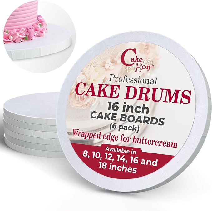 Cakebon Round Cake Boards - Sturdy 1/2 Inch Thick Cake Drums - 16 Inch Professional Base para Pastel Fully Wrapped Edges White 3-Pack