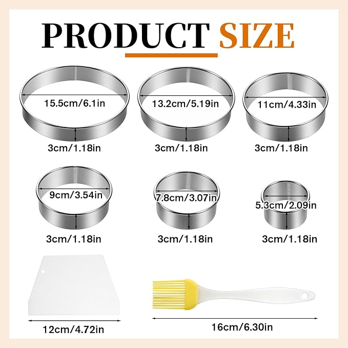 6 Inch Round Cookie Mold, Circle Cookie Cutter 8 Piece Round Cookie-Cutter & Scraper & Silicone Pastry Brush Set for Pastry,Donut,Fondant,Cake,Cookies, Diameter (2, 3, 3.7, 4.3, 5.3, 6 Inch)