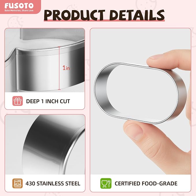 FUSOTO 6PCS Ellipse Cookie Cutters Set, Stainless Steel Kitchen Baking Supplies, for Biscuit, Homemade Cookies, Cake Decorating, Geometric Cookie Cutter, (1.5", 2", 2.5", 3", 3.5", 4"), Ellipse