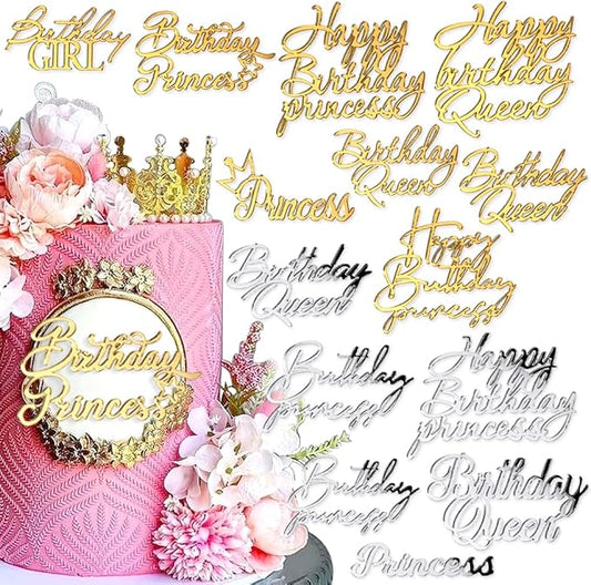 14pcs Happy Birthday Cake Toppers for Women Princess Queen - Acrylic Cupcake Decor Side Decoration Kit - Girl Party Supplies