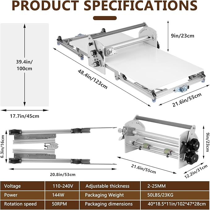 Electric Dough Sheeter Machine 17.7" Commercial Dough Rolling Machine Electric Dough Roller Machine Folding Dough Sheeter Reversible Control with 0-25MM Thickness Adjustment