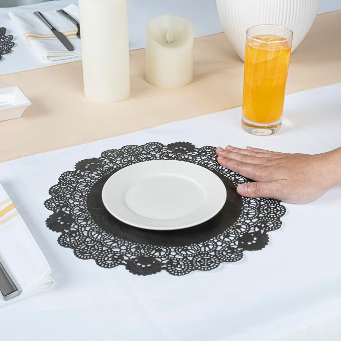 Restaurantware Pastry Tek 12 x 12 Inch Lace Doilies 100 Decorative Tableware Placemats - Disposable Round Black Paper Table Doilies For Birthdays Or Weddings Table Decor