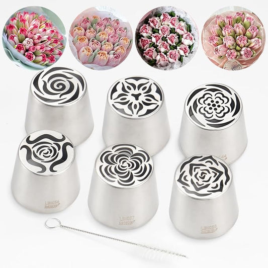 Extra Large Russian Piping Tip Set - 6 Stainless Steel Marshmallow Buttercream Framing Nozzles for 3D Roses Tulip Cake Decorations and Marshmallow Bouquets, Includes 1 Cleaning Brush(6J)