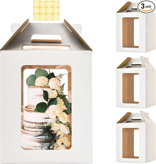 3 Pack Tall Cake Boxes for Tier Cakes,12 x12x14 Inches Large Tiered Cake Carriers with Windows,10in 12in Disposable Layer Tall Baking boxes with Handle for Birthday,Wedding,Party