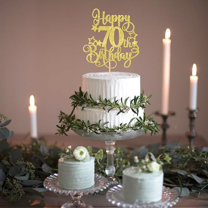 1 PCS Happy 70th Birthday Cake Topper Glitter Cheers to 70 Years Birthday Cake Pick Hello 70 Fabulous Cake Decoration for Happy 70th Birthday Anniversary Party Decorations Supplies Gold