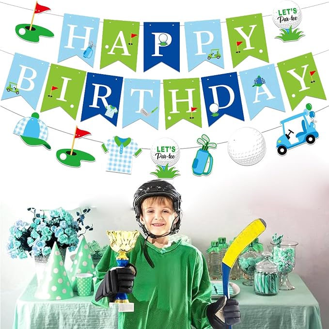 Zwiebeco Blue Green Golf Happy Birthday Banner Bunting Garland Hanging Paper Party Decorations for Boys Girls Mens Womens Adults Golf Sports Themed Bday Decor Accessories Supplies