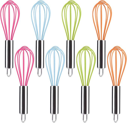 BAEKZ Multi-Color Mini Silicone Kitchen Whisks with Stainless Steel Handles Milk Beater Egg Beater Balloon Whisk for Blending Stirring Whisking and Beating(6.2in, Four colorsl, 8)