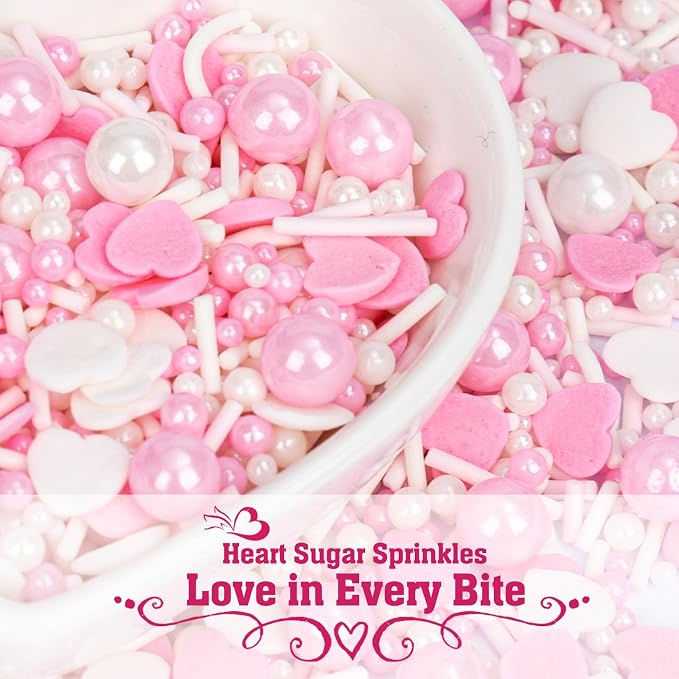 Twisweet Edible Pink Sprinkles for Cake Decorating, Pink Pearls Heart Sugar Sprinkles Mix Baking Candy, Cake Topper Cupcake Cookie Ice Cream Decorations, Valentine Mother's Day Birthday Wedding Baby Shower Party Supplies (130g/4.58oz)