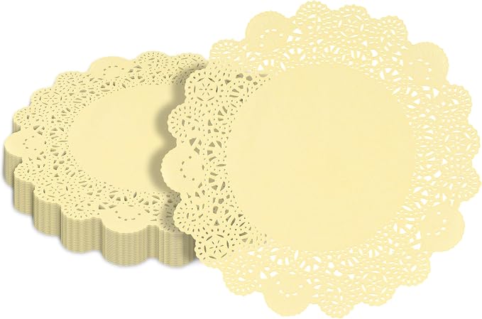 Pastry Tek 8 x 8 Inch Paper Lace Doilies, 100 Disposable Table Doilies - Elegant Lace Finish, Long Lasting, Yellow Paper Doily, for Pastries, Cupcakes, Desserts - Restaurantware
