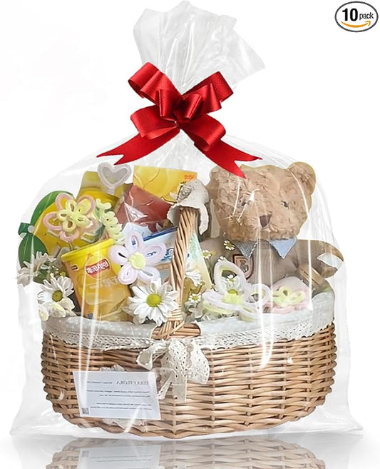 WIKDAY Clear Gift Bags 10 PCS 30x40 Inches Extra Large Cellophane Wrap for Gift Baskets Wrapping Plastic with Ties for Gift Giving, Packaging Products