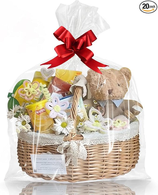 WIKDAY Clear Gift Bags 20 PCS 30x40 Inches Extra Large Cellophane Wrap for Gift Baskets Wrapping Plastic with Ties for Gift Giving, Packaging Products