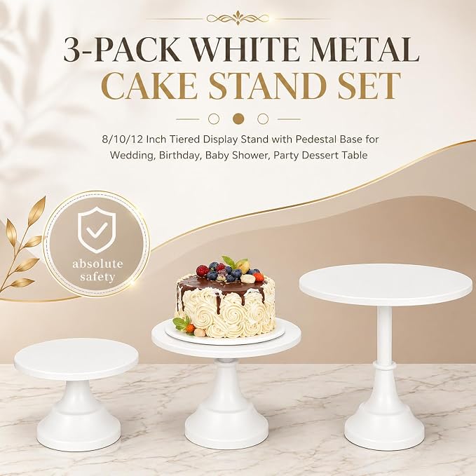 3 Pack Metal Cake Stand, 8 10 12 Inch Tiered Display | White finish, Pedestal base, Stackable setup, Wedding reception, Birthday party, Baby shower, Candy bar, Buffet table
