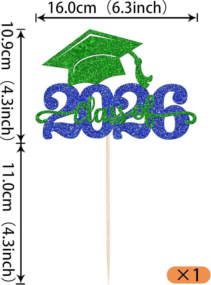 1 Pack Class of 2026 Cake Topper Glitter Congrats Grad Cap 2026 Graduation Cake Pick for 2026 Graduation Theme High School Boys Girls Graduate Party Cake Decorations Supplies Blue Green