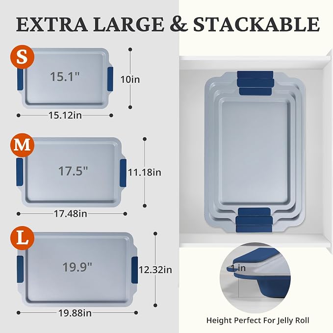 BRONYPRO Non Stick Ceramic Baking Sheet Pan Set of 3, Non Toxic Cookie Sheets (PFAS/PFOA/PTFE Free), Aluminized Steel Oven Trays with Silicone Handles, Rust-Resistant, Warp-Resistant to 500°F, Navy