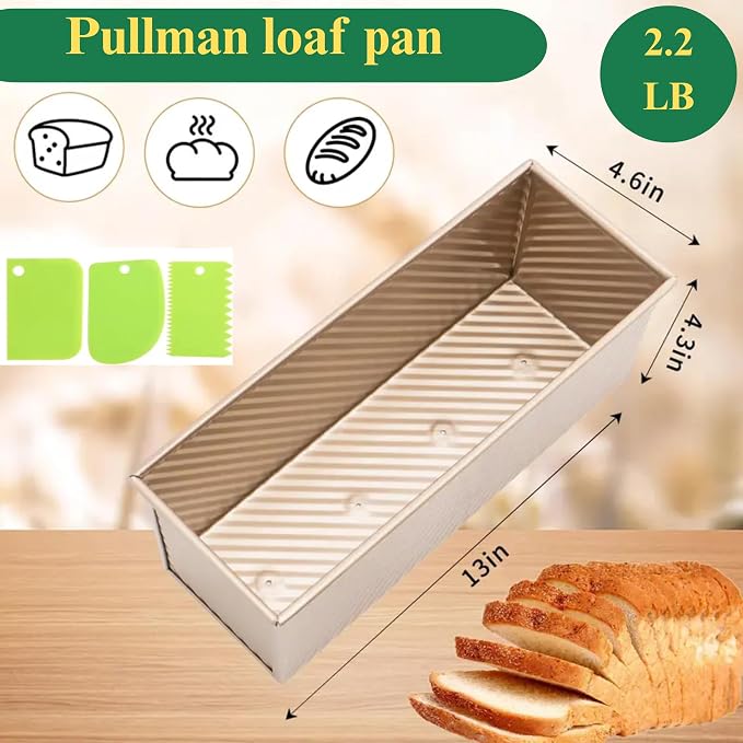 Pullman Loaf Pan with Lid, 13x4.7 Inch 2.2LB Nonstick Sandwich Bread Pan with 3 Dough Scrapers, Heavy Duty Square Toast Box for Sourdough & Homemade Bread Baking