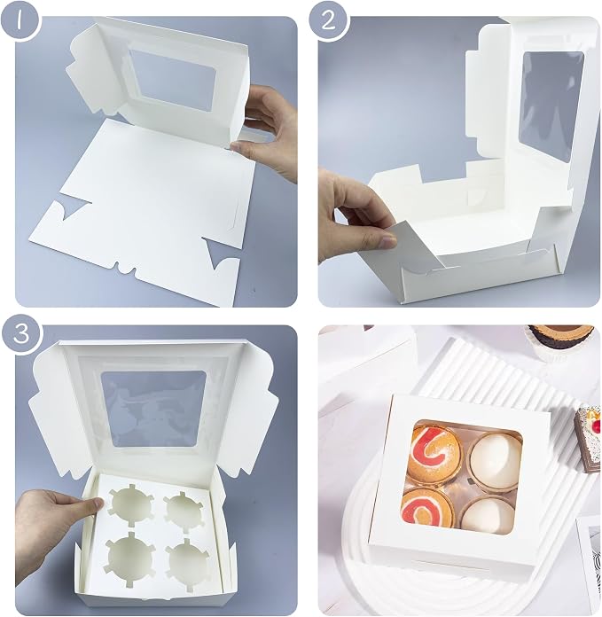 MUMULULU 14 PCS White Paper Cupcake Boxes with 4 Cavity Cookie Gift Boxes with Clear Window 4 Treat Holder Cupcake Containers Bakery Cake Box for Birthday Party Bakery Supplies