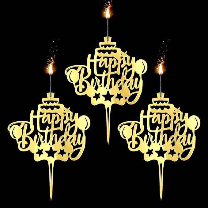 Happy Birthday Cake Topper Candle for Birthday Party Decorations, Acrylic Golden, 2 Wicks, 3 pcs.