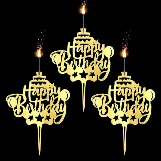Happy Birthday Cake Topper Candle for Birthday Party Decorations, Acrylic Golden, 2 Wicks, 3 pcs.