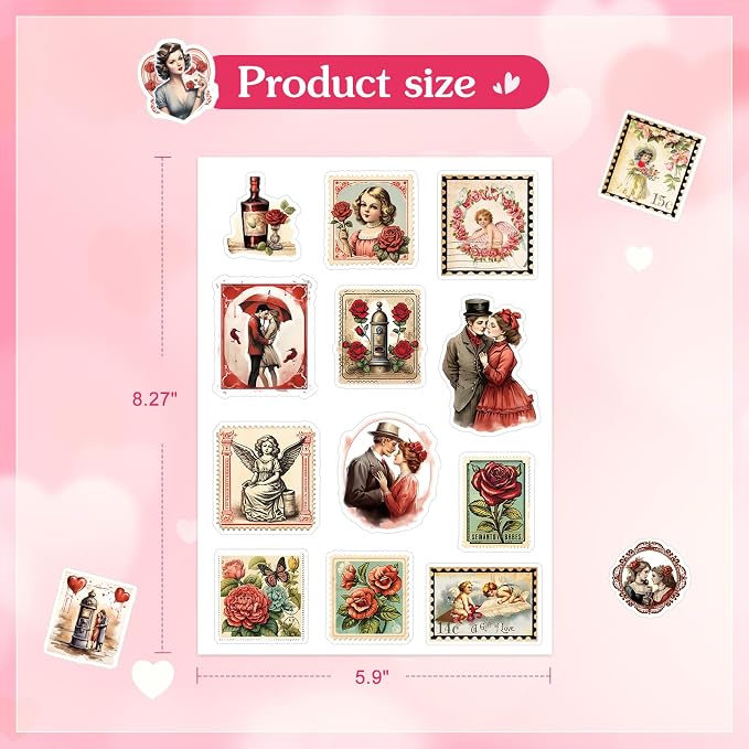 FaCraft 50PCS Vintage Stickers - Waterproof Love Stickers for Scrapbooking Aesthetic Sticker for Adults Teens Girls Couples Romantic Valentines Sticker DIY Laptop Water Bottles Envelopes Cards Guitar