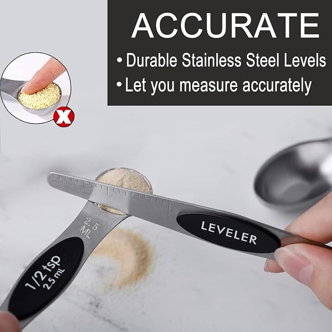 Magnetic Measuring Spoons Set,Heavy Duty Stainless Steel,Dual Sided Stackable Measuring Spoons Nesting Teaspoons Tablespoons for Measuring Dry and Liquid Ingredients,Set of 9 (Black)