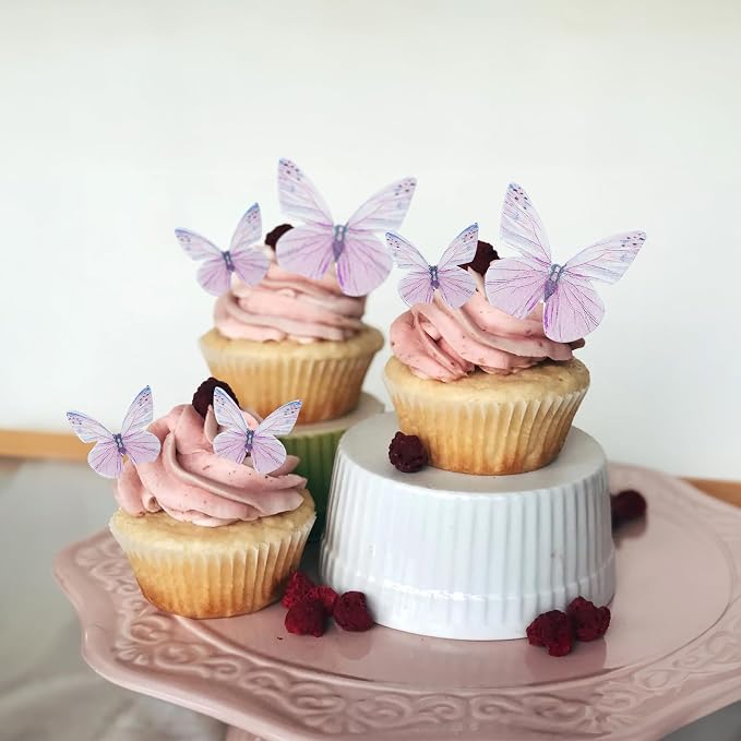 Gyufise 72Pcs Edible Cupcake Toppers - Butterfly Shaped Cake Decoration Picks for Baby Shower, Kids Birthday Party - Purple