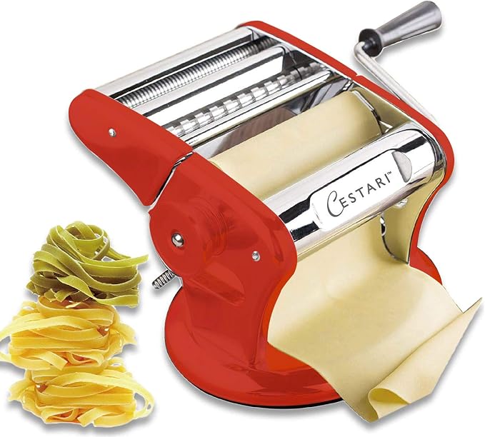 Cestari Ultimate Pasta Machine - Unique Patented Suction Base for No-Slip Use of Stainless Steel Pasta Roller Machine - 150 mm - Includes Pasta Cutter, Hand Crank, and Recipes