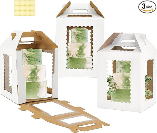 12inch Tall Cake Boxes 6 Windows with handle,12x12x12 Cake Carrier, Tiered Cake Box, Square cake box,largeTake Out Transport Containers Ideal for 10" & 12" Tiered Cakes (3Pack-White)