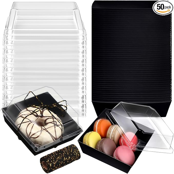 Jetec 50 Pack Charcuterie Boxes with Clear Lids and Rope 4 Inches Cake Disposable Square Dessert Food Box Containers with Lids for Bakery Macaron Cookies Strawberries Fruits Display (Black)