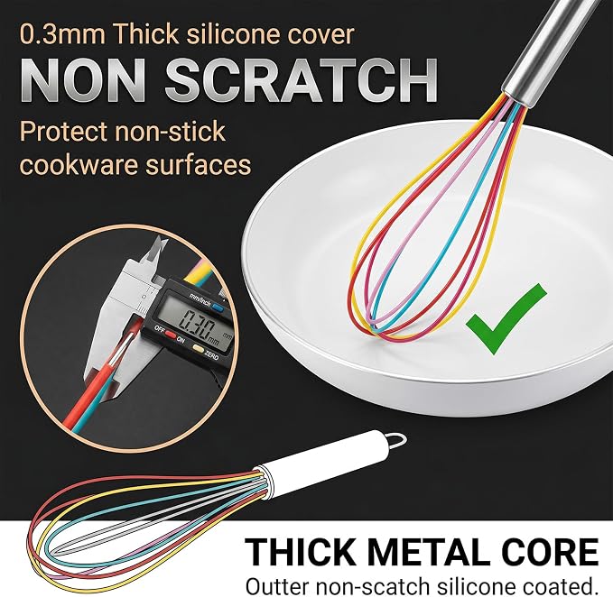 Silicone Whisk,Stainless Steel Wired Wisk Set 8" 10" 12",Heat Resistant 480°F,Perfect for Non-Stick Cookware, Kitchen Whisks for Whisking, Cooking, Baking, Beating & Frothing (Rainbow)