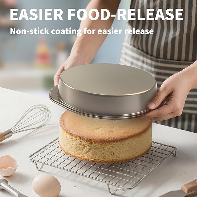 8 Inch Cake Pans, 3PCS Nonstick Round Baking Pans with 50PCS Parchment Papers, Durable Birthday Circle Cake Baking Pan with Handle for Multi-Layer Cakes, Dishwasher Safe (Gold, 8 inch)