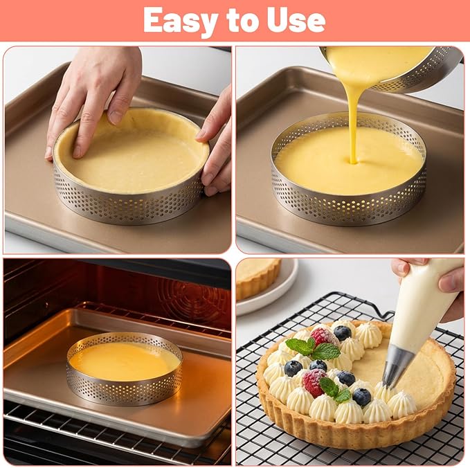 20Pcs Perforated Tart Rings, 3.15 Inch Stainless Steel Tart Ring, Round Mousse Cake Ring with Brush, Metal Pastry Mold for Baking Cooking Pastries, Small Fruit Tartet Crust 8cm