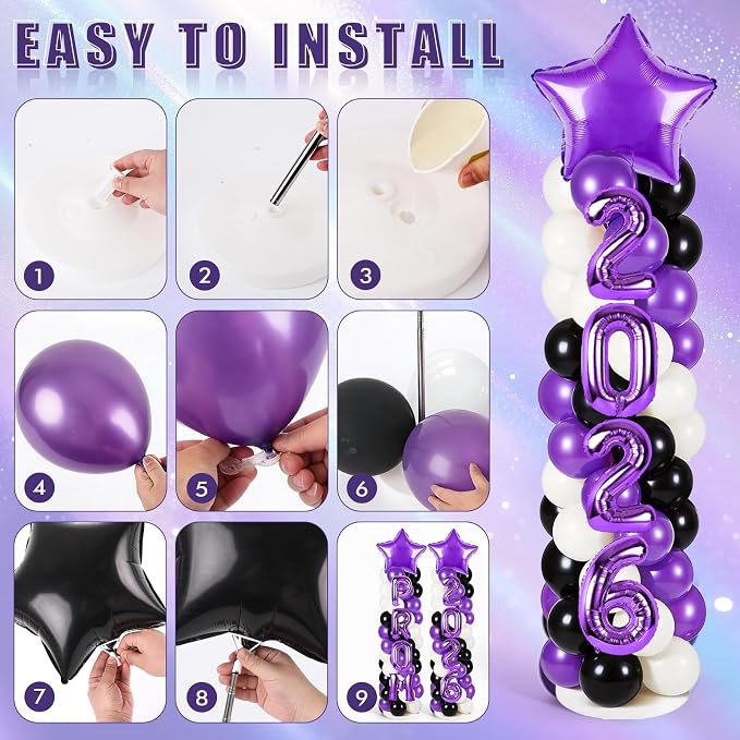 2 Sets Graduation Balloon Column Stand Kits with 132 PCS Purple Black White Latex Balloons 2026 Letters 6.5 Ft Adjustable Metal Tube Telescopic Tower Pillar with Base for Graduation Party Decoration