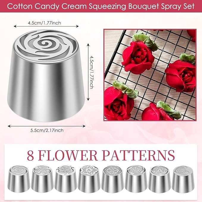 Russian Piping Tips Set, 8 Flower Patterns, Stainless Steel, Extra Large Bouquet Cream Nozzles for Cake Decorating