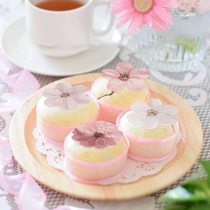 40 PCS Edible Cherry Blossoms Cupcake Toppers Edible Cherry Blossoms Flowers Cake Decorations Wafer Paper Flowers Cupcake Topper for Baby Shower Kids Birthday Party Decorations Supplies Colorful