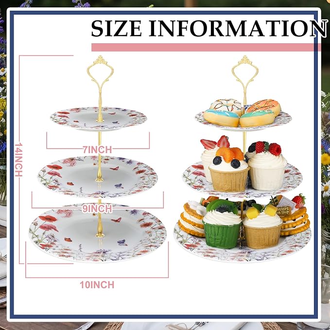 Lallisa Wildflower Party 3 Tier Dessert Stand 10,9 and 7 Ceramic Wildflower Baby Shower Tea Party Tiered Tray Cupcake Stand Display Holder Tower for Wedding Bridal Shower Decoration