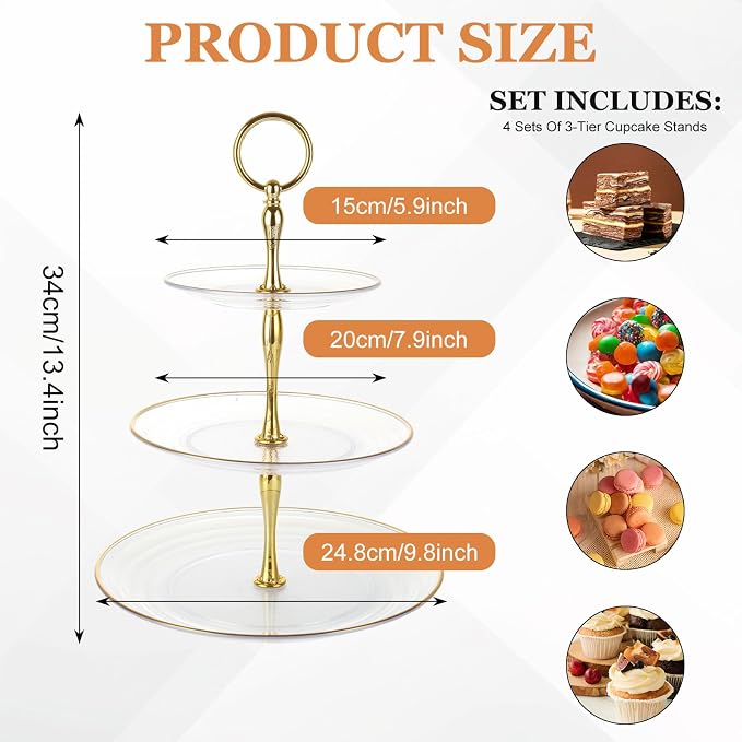 SENENQU 4 Pack 3 Tier Cupcake Stand, Tiered Serving Cake Stand, Transparent Plastic Dessert Stand, Weddings Parties Pastry Serving Tray (Clear Plate with Gold Rim)