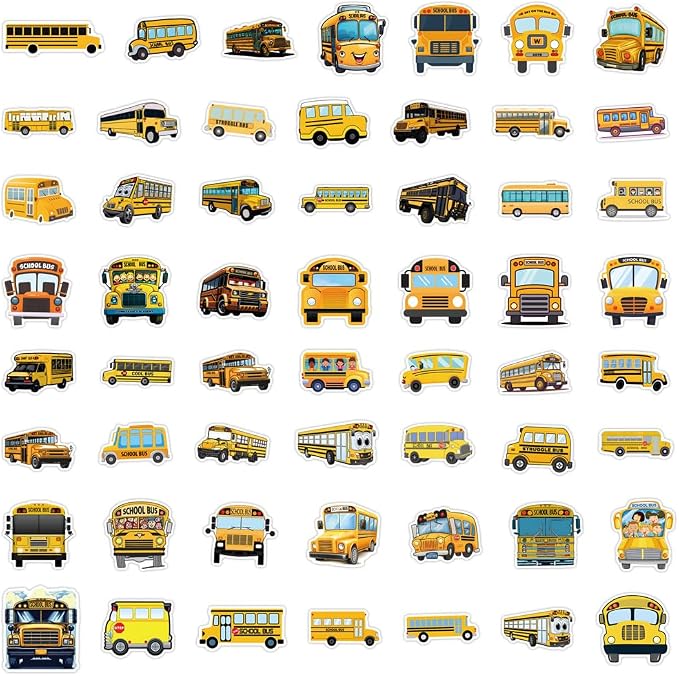 55Pcs School Bus Stickers, Yellow Bus Vinyl Decals for Water Bottles, Laptops, Luggage, Scrapbooks, Journals & Themed Decor (School Bus)