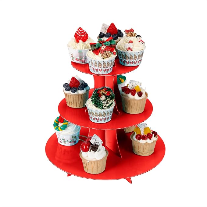 YLDW Cupcake Stand, 3-Tier Cupcake Stand Display, Cardboard Cup Cake Tower Stand, Disposable Dessert Stand for Birthday Tea Party Baby Shower Treat Decorations, Red