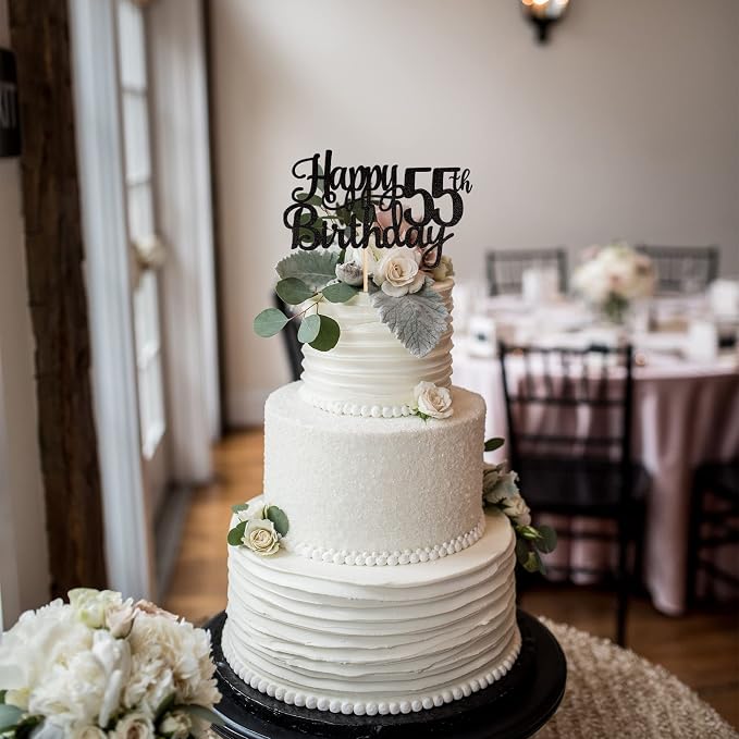 1 PCS Happy 55th Birthday Cake Topper Glitter Cheers to 55 Years Birthday Cake Pick 55 Fabulous Cake Decoration for Happy 55th Birthday Theme Party Decorations Supplies Black