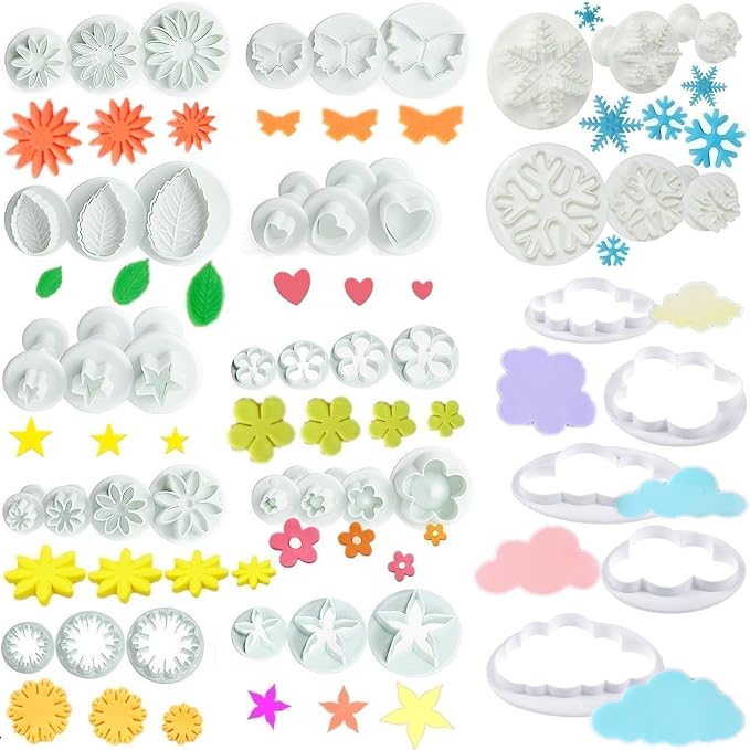 Flower Cookie Cutters,Cake Tools 44 Pcs Snowflake Cookie Cutter Cloud Fondant Cake Plunger Sugarcraft Flowers Leaf Butterfly Heart Shape Decorating Mold DIY Icing Plunger Cutters