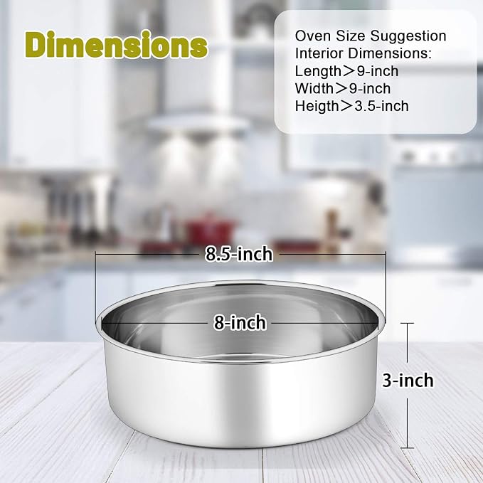 P&P CHEF 8 Inch Cake Pans Set, Round Baking Pan Stainless Steel Layer Birthday Wedding Cake Oven Pans, Non Toxic & Heavy Duty, Deep Side & Mirror Finish, Dishwasher Safe, (2Pcs)