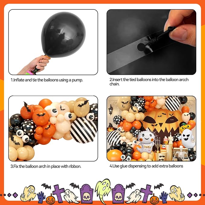 Orange Halloween Balloon Arch Garland, Orange Sand White Party Balloons with Ghost 18-In Strip Foil Balloon Eyeball Balloons Apricot Black Dot Latex Balloon Bat Sticker for Halloween Party Supplies