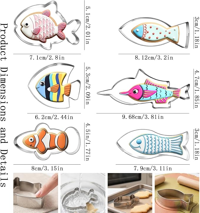 6 Pcs Fish Cookie Cutter Set Sturdy Fish Cookie Cutters Molds Set Food Grade Non-Stick Baking Mould for Kids