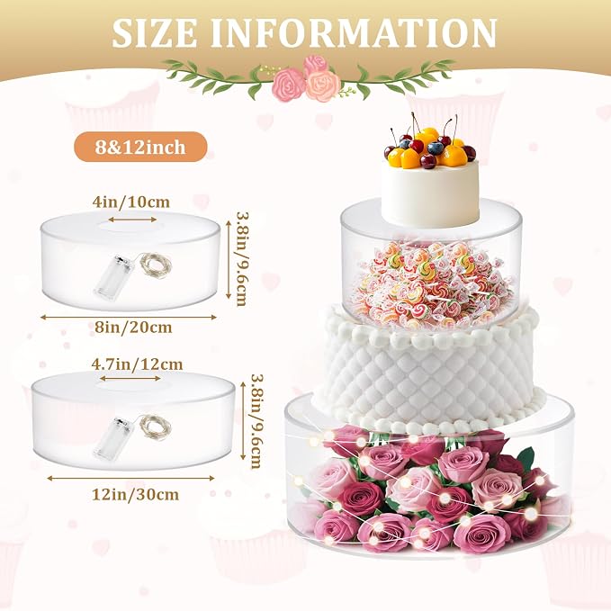 2Pcs Acrylic Cake Display Stand 8'' 12'' Round 2Tier Clear Cylinder Cake Box for Wedding Birthday Party Decor (8 /12 Inch)