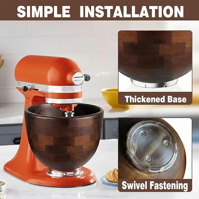 5 Quart Natural Wooden Mixing Bowl, Compatible with KitchenAid 4.5-5 Qt Tilt-Head Stand Mixers, Handcrafted Solid Wood Bowl with Stainless Steel Locking Base, Aesthetic Replacement
