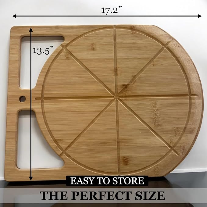 Wooden Pizza Peel & Round Cutting Board | Dual-Grip 2-in-1 Bamboo Pizza Paddle Board for Baking, Pizza Spatula & Large Cutting Board for Pizza | Pizza Turning Peel for Baking Accessories, 17” X 13.5”