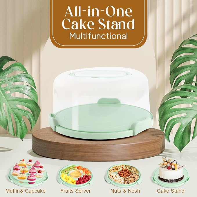 Cake Carrier with Lid and Handle - Cake Containers, BPA-Free，Perfect Gifts | Cake Holder for 10 in Cake with 2 Handles Cupcake Carrier - Plastic Cover Two Sided Base for Transport Pie Nuts Fruit