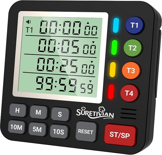 Digital Kitchen Timer for Cooking - 4 Channel Count Up Countdown Timer with Loud Alarm and Silent Mode, Large Display, Magnetic Back, Auto Memory for Classroom Study Gym, Battery Included (Black)